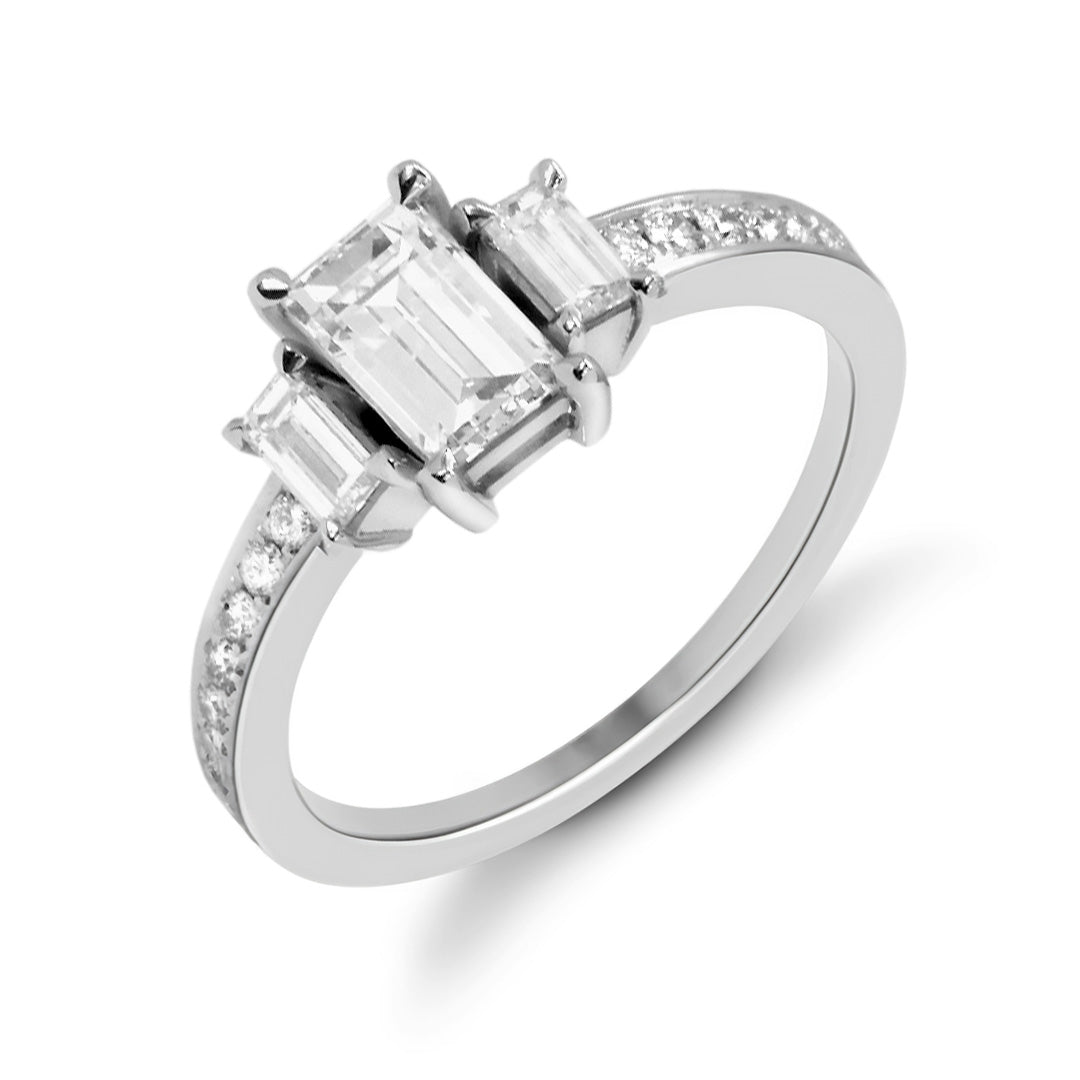 Bague De Fiançailles Or Gris 18 Carats - Solitaire Diamant + 2 Baguettes, Taille 48, Occasion Art Déco